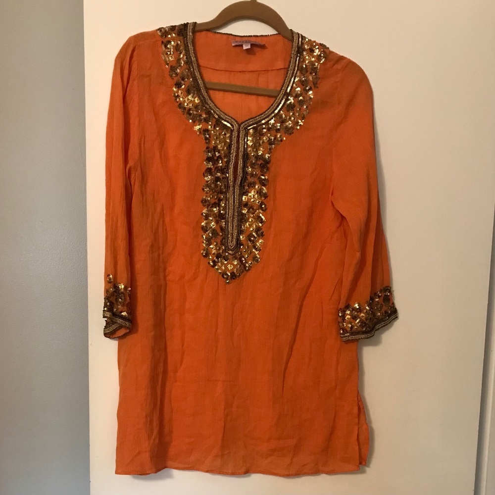 Calypso St. Barts Linen Tunic in Orange and sequined size Small
